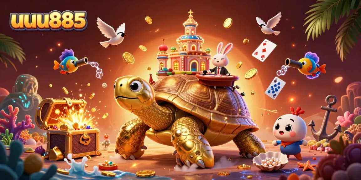 Spin the reels at uuu885's colorful casino extravaganza featuring a golden tortoise with vibrant games.