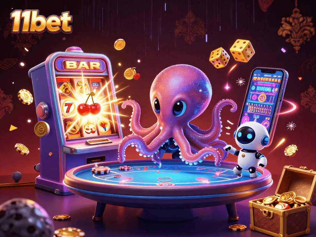 Engage in thrilling casino action with 11bet as an alien octopus handles a floating holographic poker table.