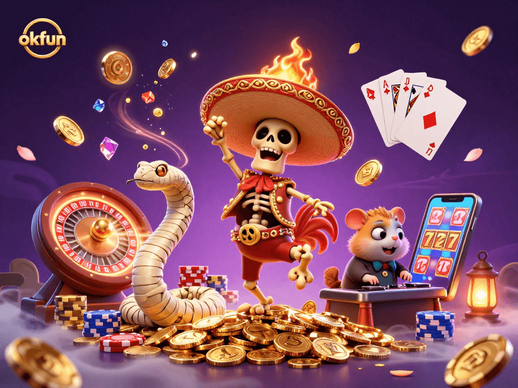 Celebrate with okfun as the mariachi rooster wins big on golden coins in an exciting casino scene!
