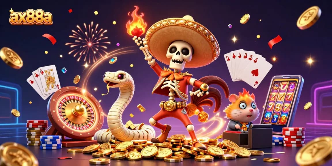 ax88a vividly showcases a lively scene of a skeleton mariachi rooster, mummy snake, and zombie hamster DJ celebrating winnings in a casino.