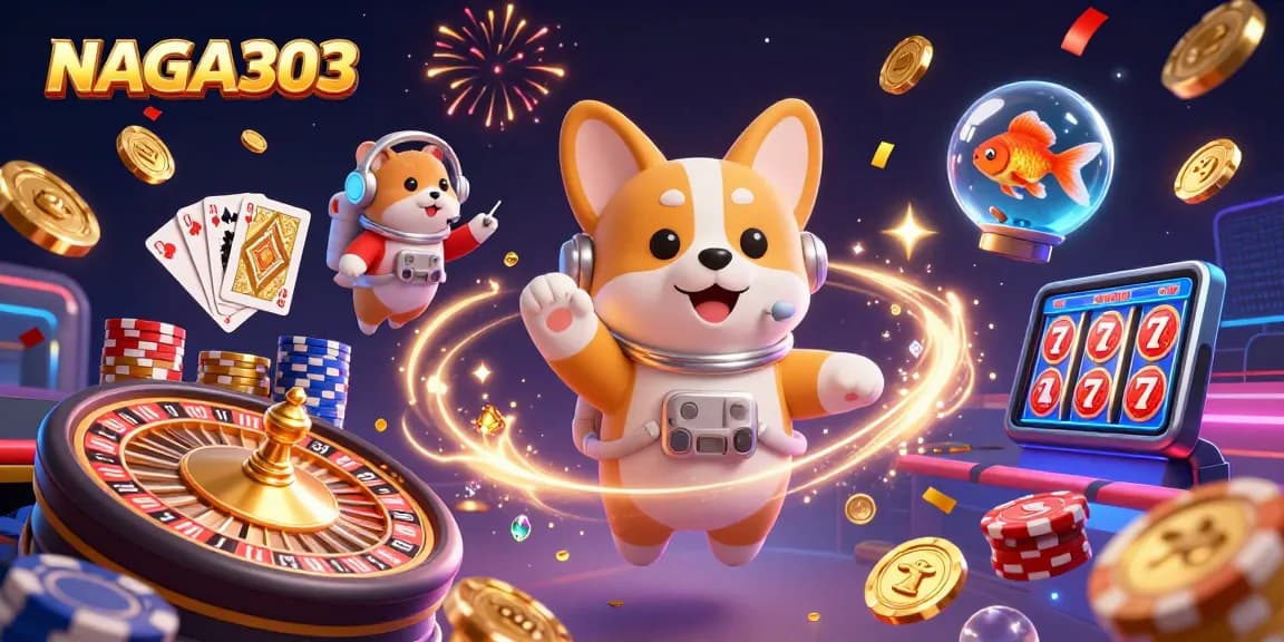 NAGA303 floats casino excitement with a corgi astronaut and magical golden coins