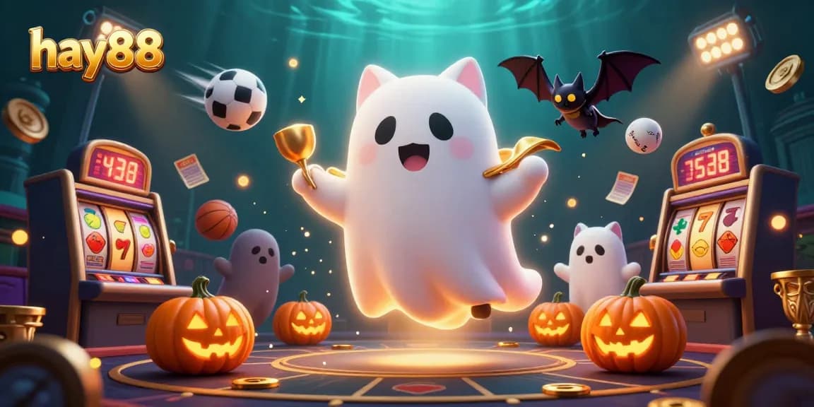 Experience the thrilling atmosphere of hay88 casino with a ghost cat and vampire bat amidst dynamic slot action.