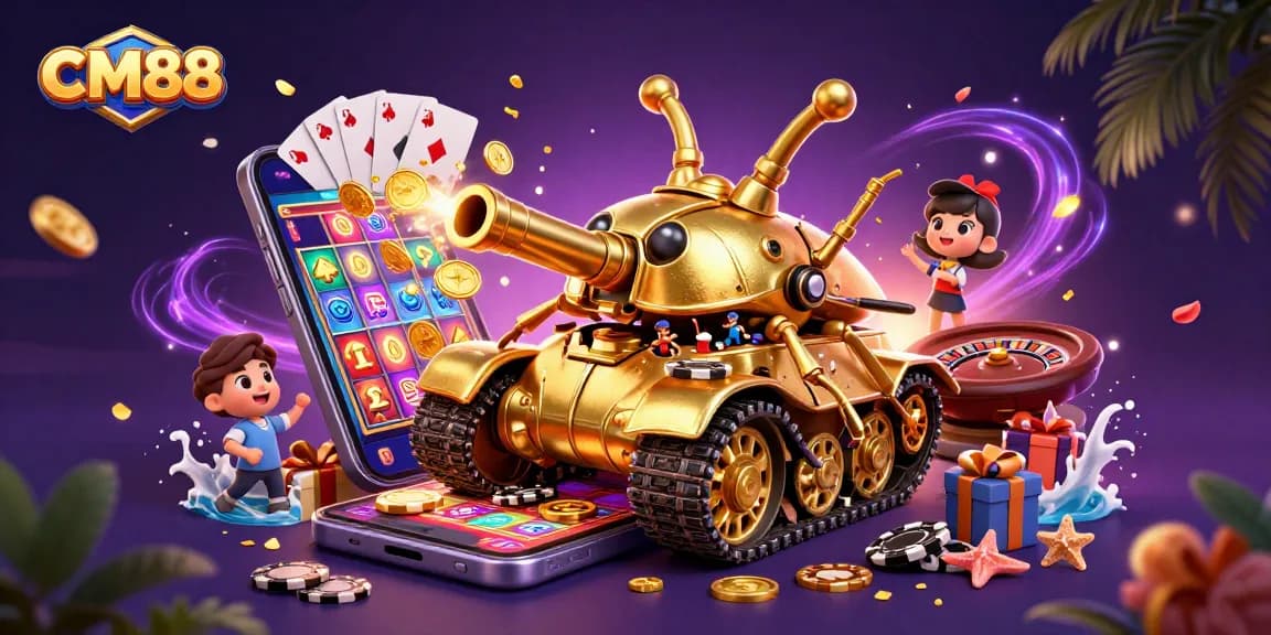 Experience the excitement with CM88's unique miniature casino scene, featuring a vibrant golden beetle tank and engaging gaming elements.