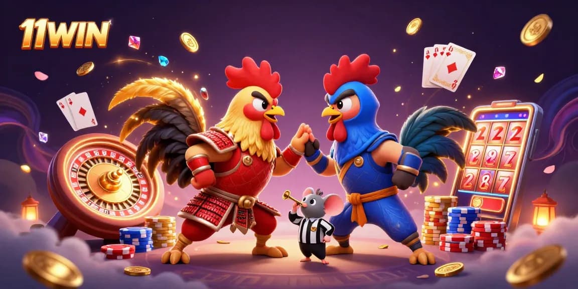 Experience the excitement of 11WIN with dynamic cartoon roosters battling amidst casino riches.