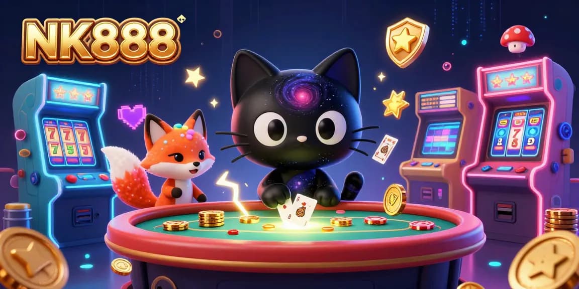 Engage in thrilling gameplay with NK888 at a cosmic casino, featuring vibrant characters and slot elements.