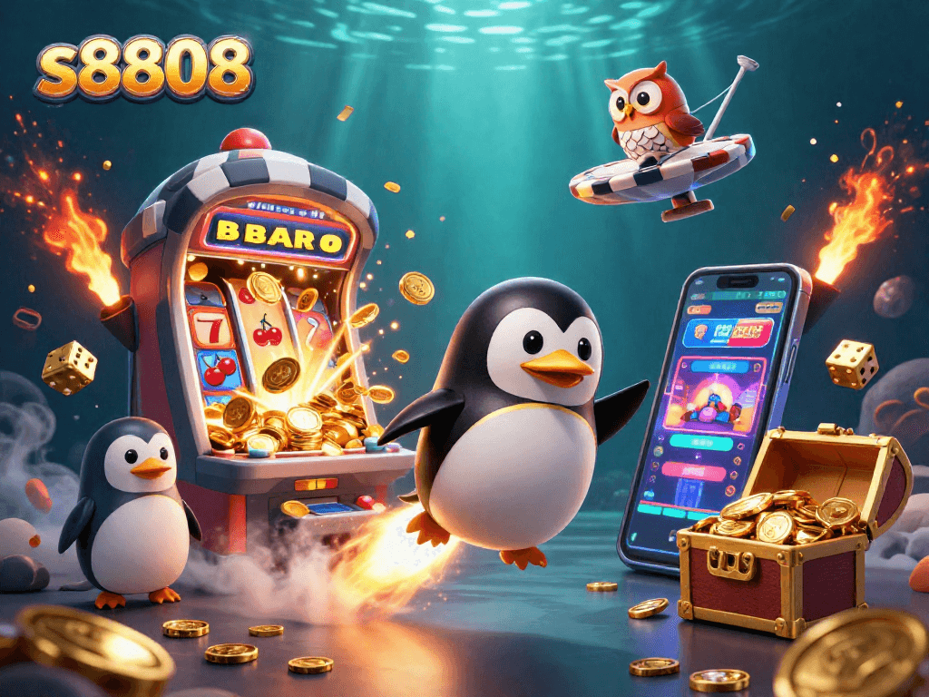 Spin game features and mega wins with s8808 in vivid casino-themed 3D illustration