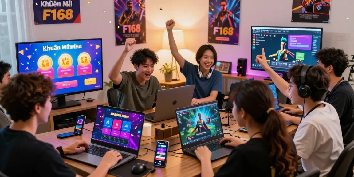 Exciting gaming promotion scene celebrating Khuyến Mãi F168 with friends online.