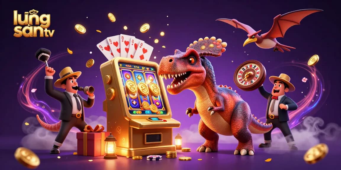 Experience the excitement of winning with lương sơn tv as a dinosaur wins jackpots in a lively casino scene.