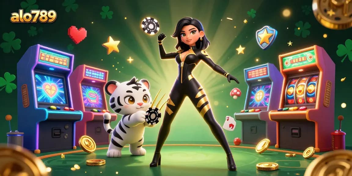 Engage in thrilling gambling adventures with alo789 featuring a dynamic illustration of casino excitement, showcasing a poker-playing tiger and vibrant game elements.
