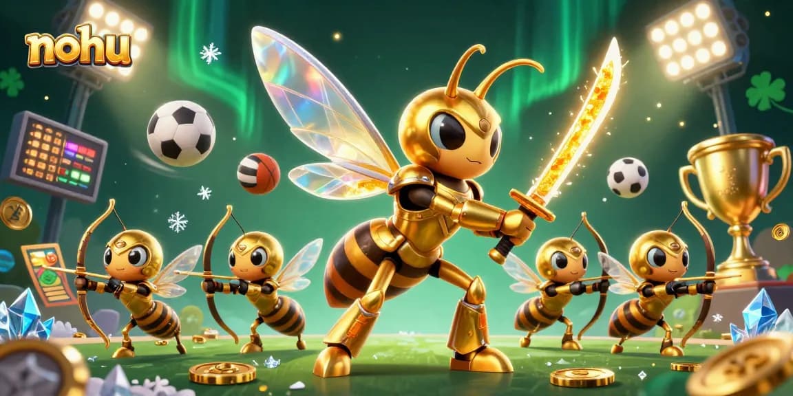 Nohu captures thrilling casino action with a golden hornet and dynamic sports elements.