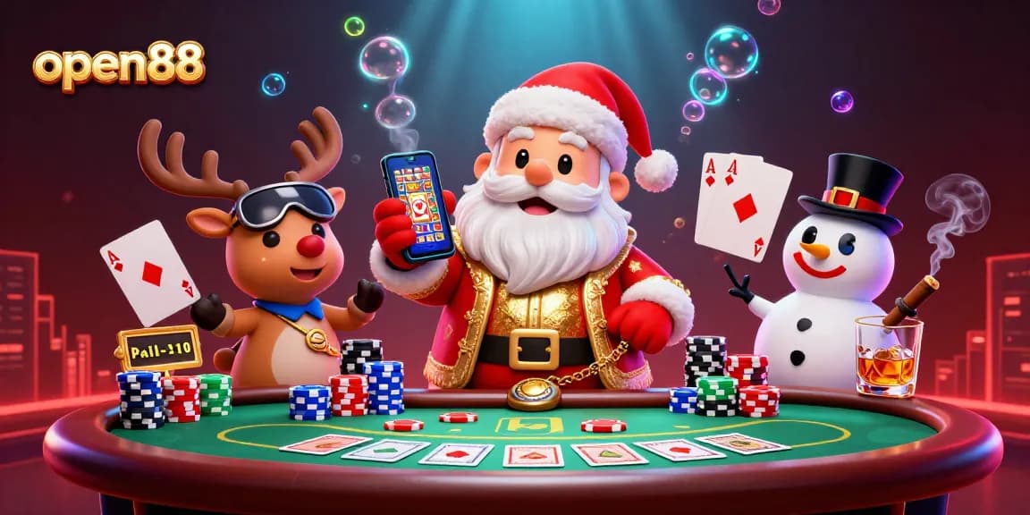 Experience thrilling games at open88 with a vibrant 3D Santa and casino-themed scene.