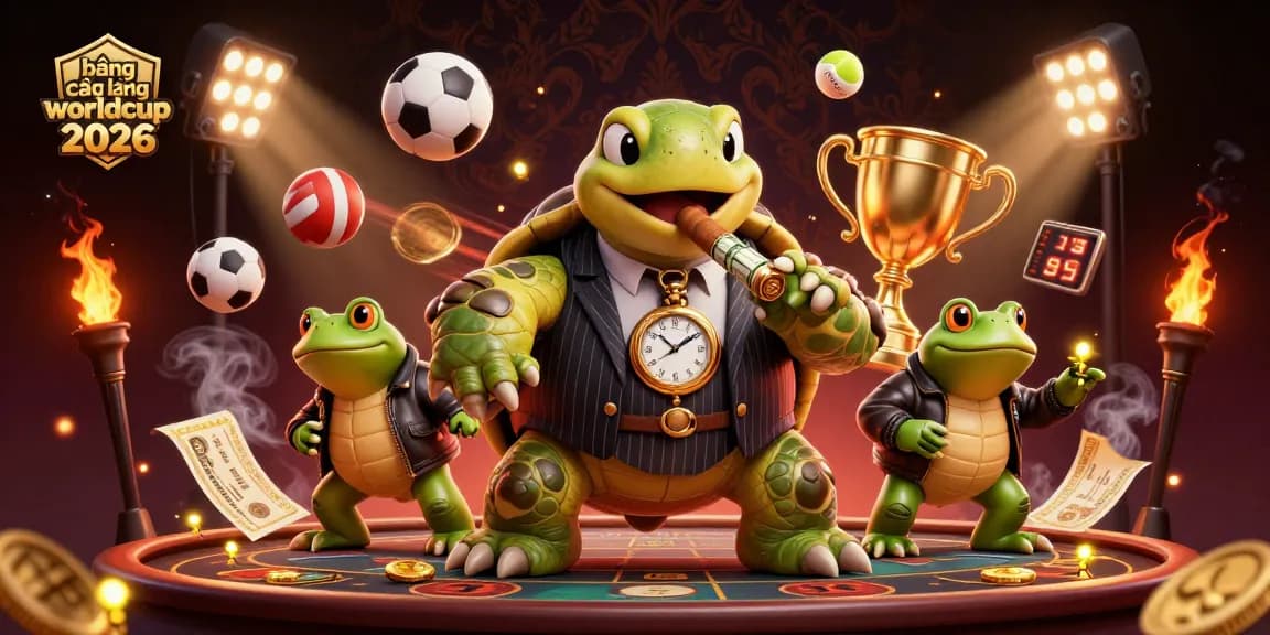 Bảng xếp hạng worldcup 2026 showcases an action-packed scene with a turtle mobster and bullfrog enforcers amidst casino elements.