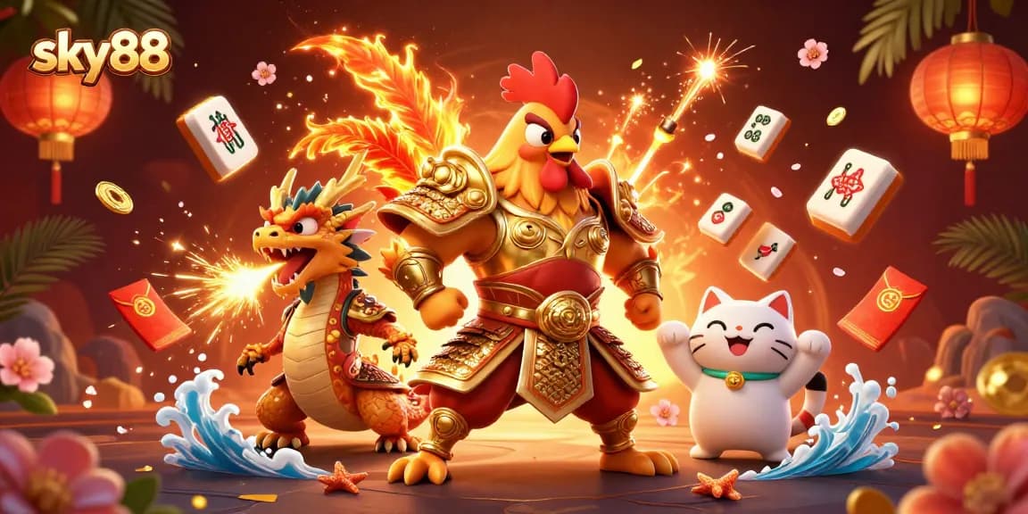 Engage with thrilling gameplay at sky88, featuring a stunning samurai rooster and dragon in an animated casino scene.