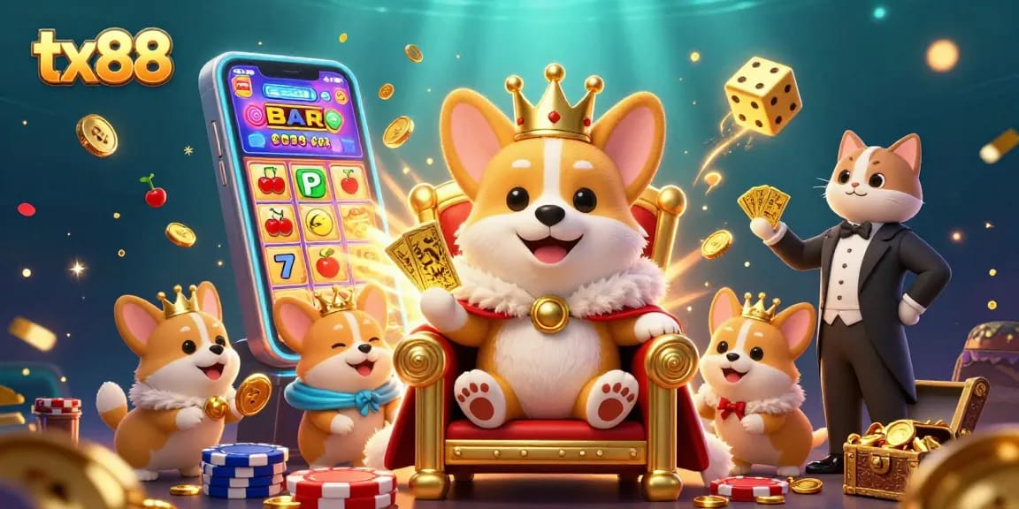 Experience the thrill of tx88 with a vibrant 3D casino scene featuring playful characters and vivid game elements.