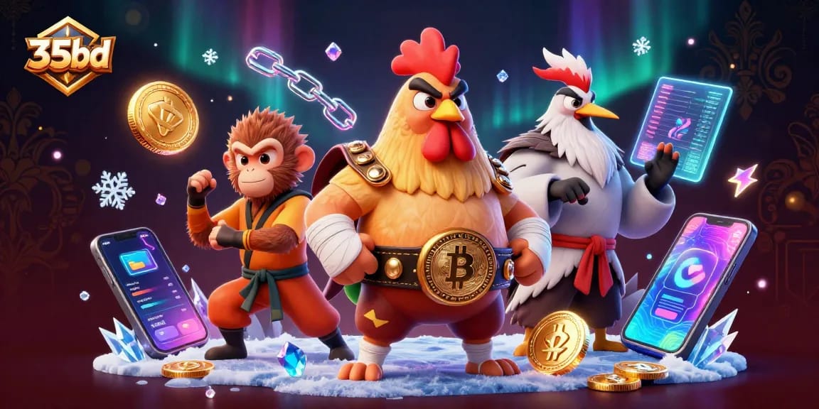 Experience 35bd's vibrant casino world with a Muay Thai rooster, Shaolin monkey, and crane master amidst glowing crypto elements.