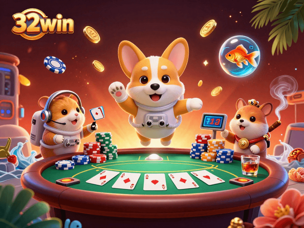 Experience thrilling gaming adventures with 32win's dynamic casino elements and characters.
