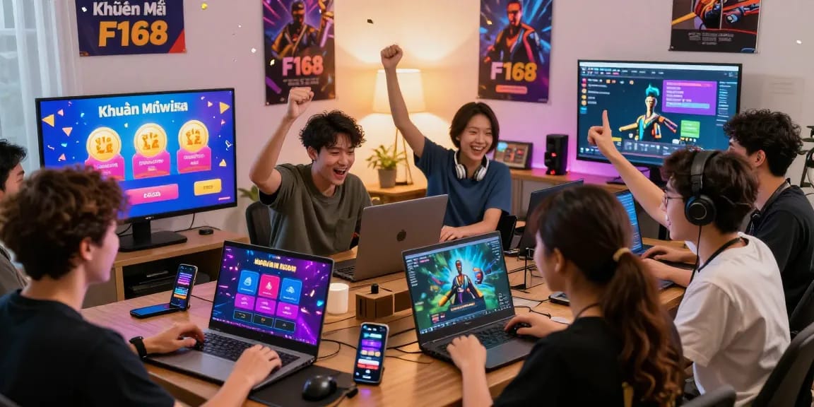 Exciting gaming promotion scene celebrating Khuyến Mãi F168 with friends online.
