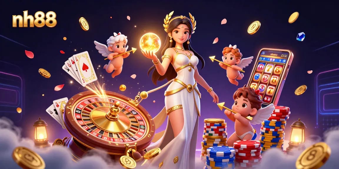 Experience playful wins at nh88 with lively characters amidst vibrant casino elements and golden coins.