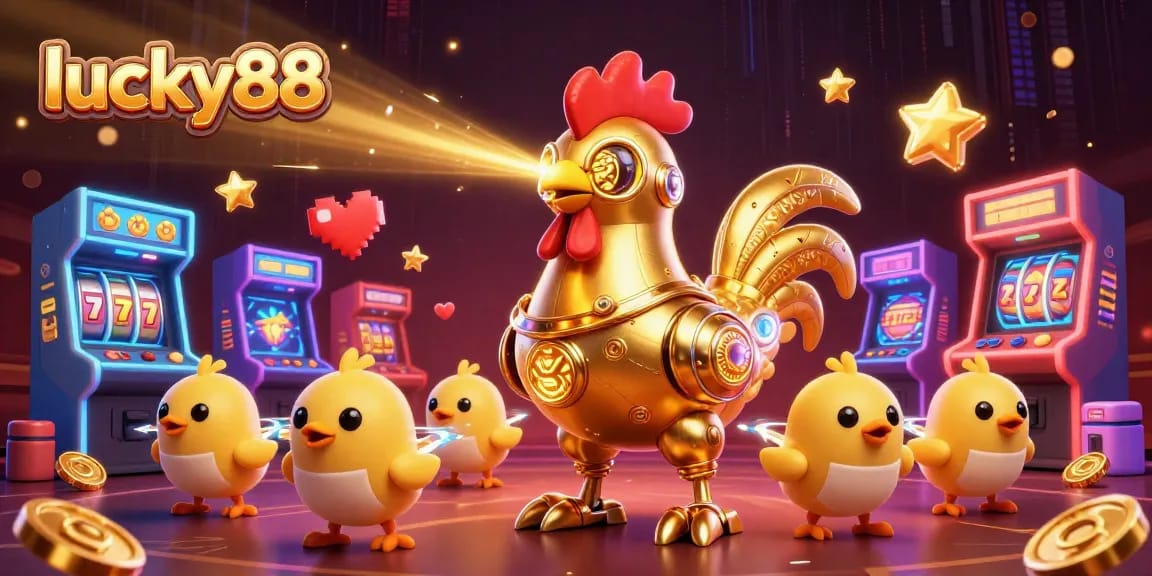 Experience winning thrills with lucky88 slot games featuring a golden rooster robot and engaging game elements.