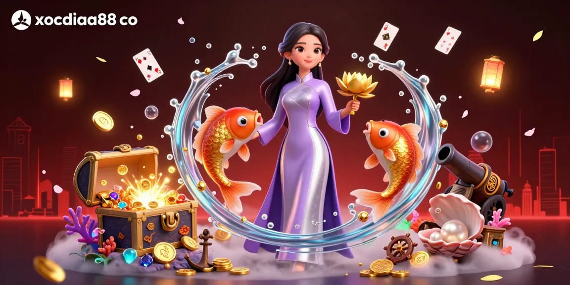 Engage with exciting gaming at xocdiaa88 co, showcasing a vibrant scene of an Asian woman and koi fish amidst floating cards and treasure.