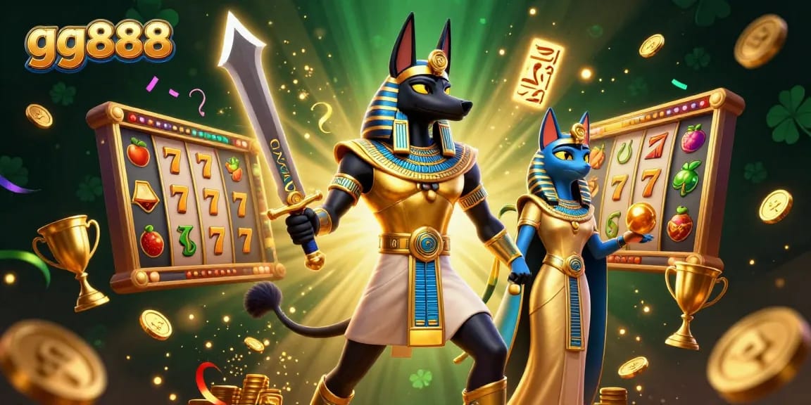 Experience the excitement of gg888 with Anubis and Bastet amidst vibrant slots and golden trophies.