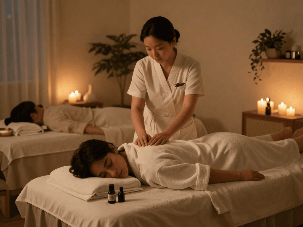 강남출장안마 service setup with therapist in a luxurious home environment, creating a calming and inviting atmosphere.