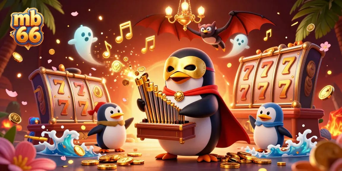 Experience excitement with mb 66's gaming charm, as a penguin plays and golden coins cascade.