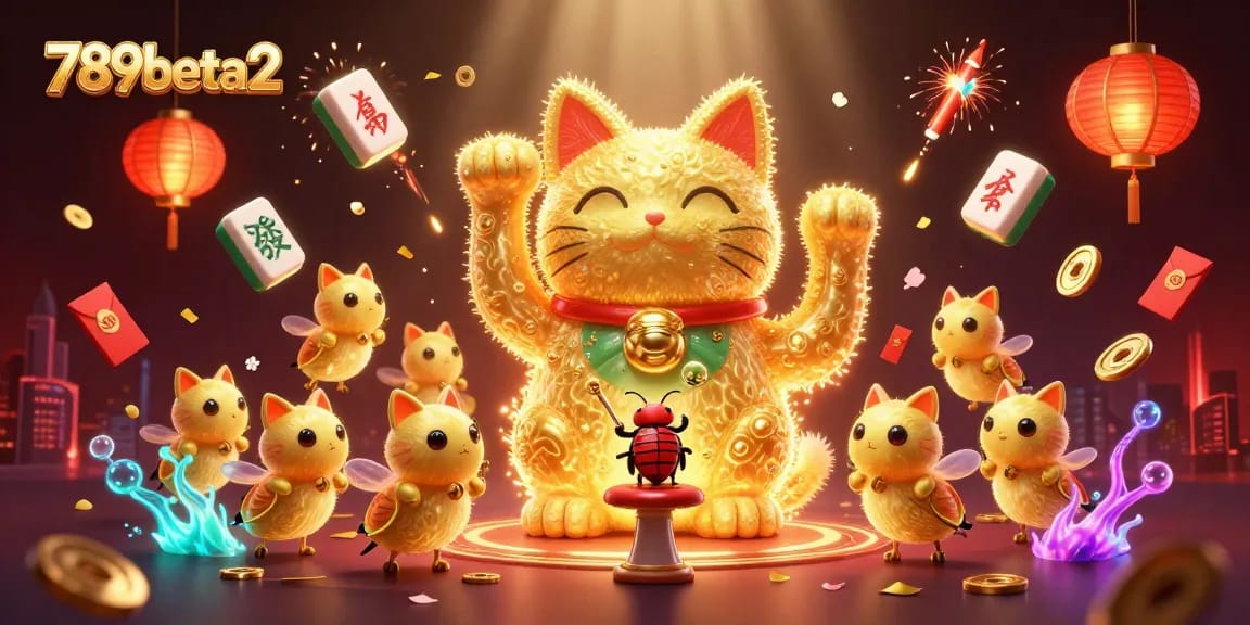 Engage with 789beta2's vibrant casino adventure featuring animated lucky cat and golden fireflies.