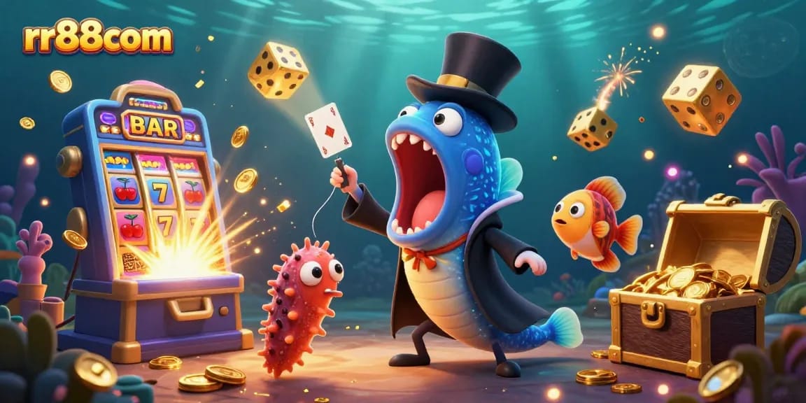 Experience thrilling jackpots with rr88com’s vibrant underwater casino illustration featuring exciting game elements.