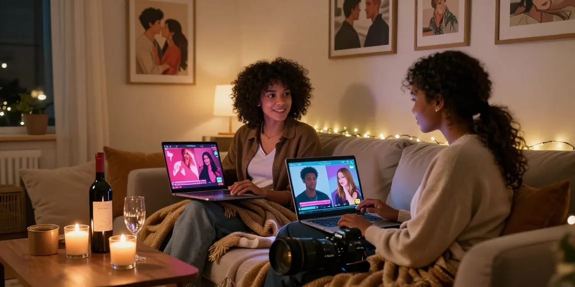 Couple enjoying ai sex chat in cozy living room with intimate lighting.