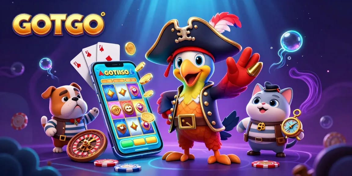 Berinteraksi dengan slot GOTOTO yang menampilkan kemenangan berwarna-warni dan karakter ceria dalam adegan kasino 3D yang dinamis.
