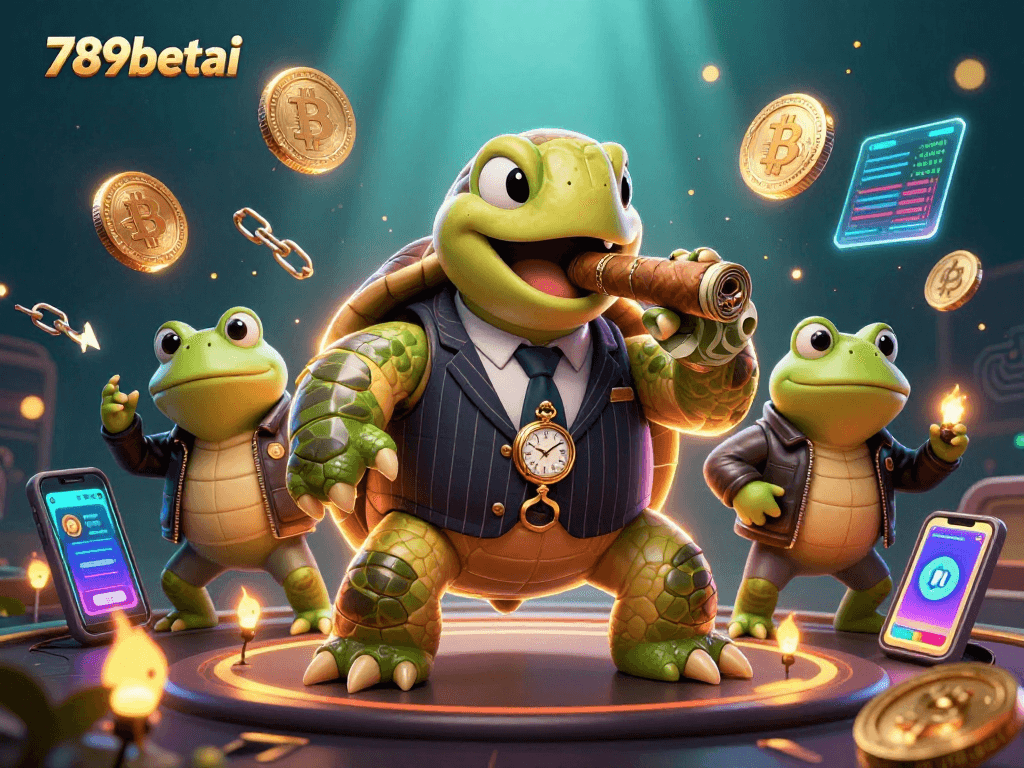 Experience the excitement of 789betai with a vibrant casino scene featuring a turtle and bullfrogs.