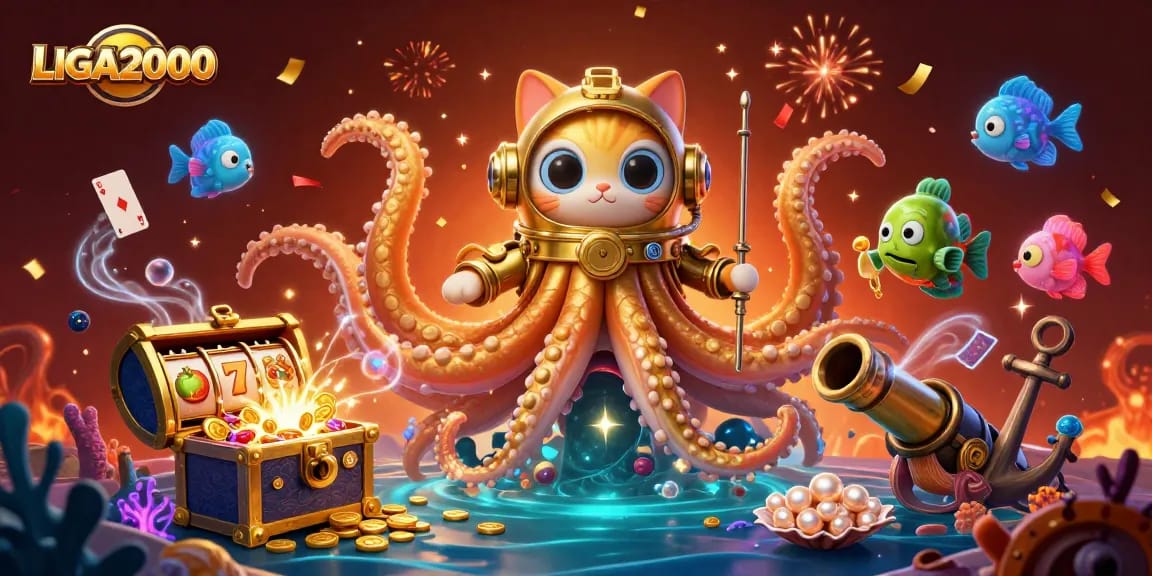 LIGA2000 memikat pemain dengan adegan 3D kraken yang mempesona dipenuhi dengan slot yang cerah dan harta karun.