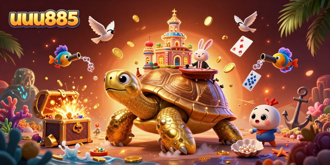 Spin the reels at uuu885's colorful casino extravaganza featuring a golden tortoise with vibrant games.