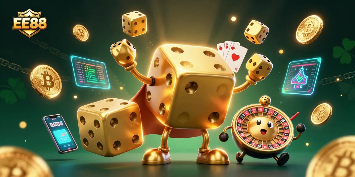 Engage with the EE88 platform in a vibrant 3D casino scene filled with golden dice and cryptocurrency elements.
