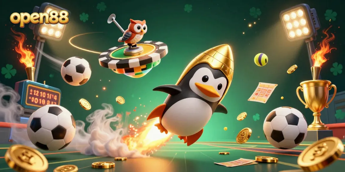 Accelerate with open88 in a cosmic casino adventure featuring a golden penguin and sports elements.