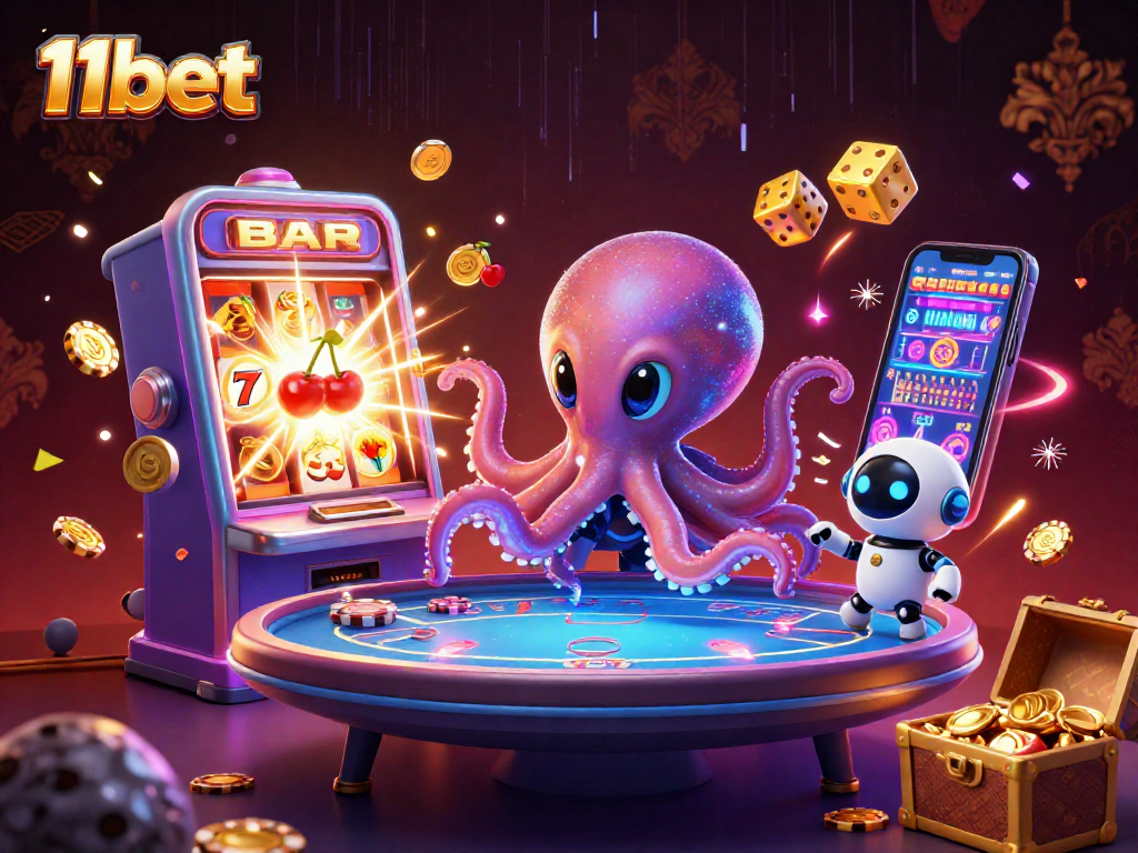 Engage in thrilling casino action with 11bet as an alien octopus handles a floating holographic poker table.