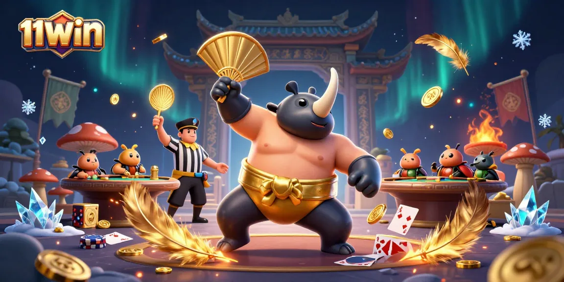 11WIN attracts players with vibrant casino themed illustration featuring a beetle sumo champion.