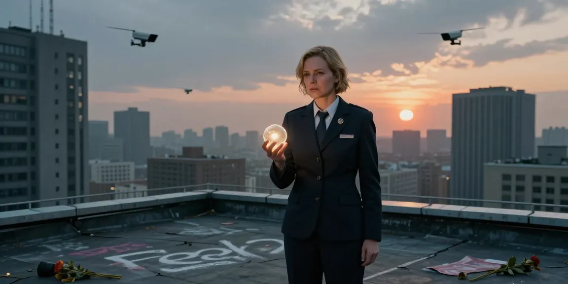 Emma Thorne in a dystopian cityscape representing emotional suppression and forbidden love.