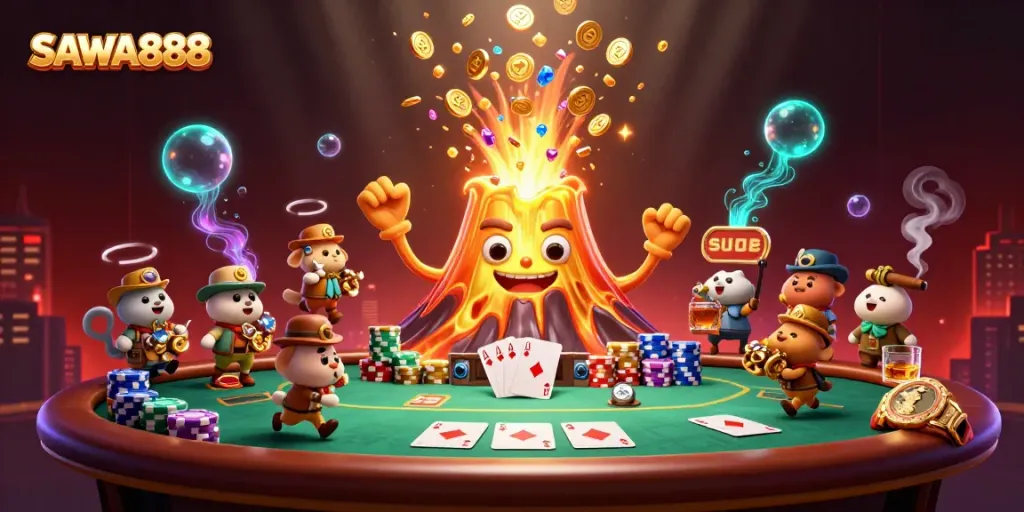 Engage with SAWA888's thrilling poker adventures in a vibrant 3D casino world filled with treasures.