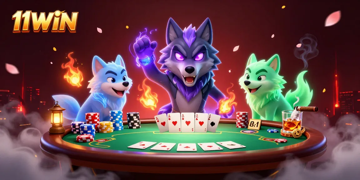 Engage in thrilling poker action with 11WIN's stunning ghostly wolf scene.