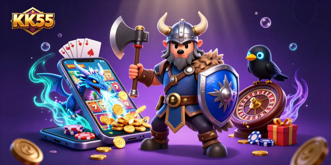 Experience immersive gaming with KK55 in a vibrant 3D illustration depicting casino excitement.