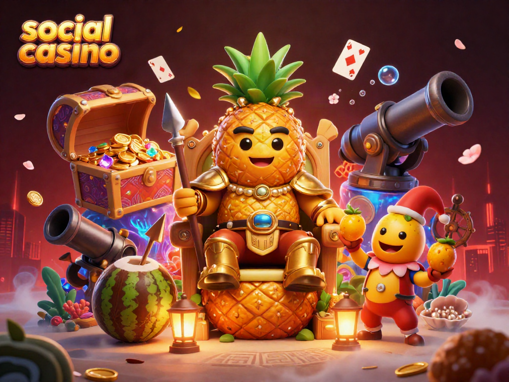 Experience the excitement of a social casino with vibrant characters and treasures in this dynamic illustration.