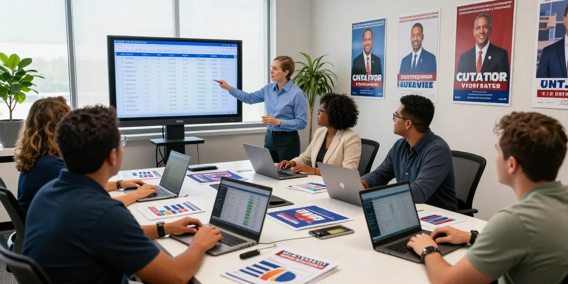 Engaging political campaign office scene showcasing mayoral campaign marketing strategies and teamwork.