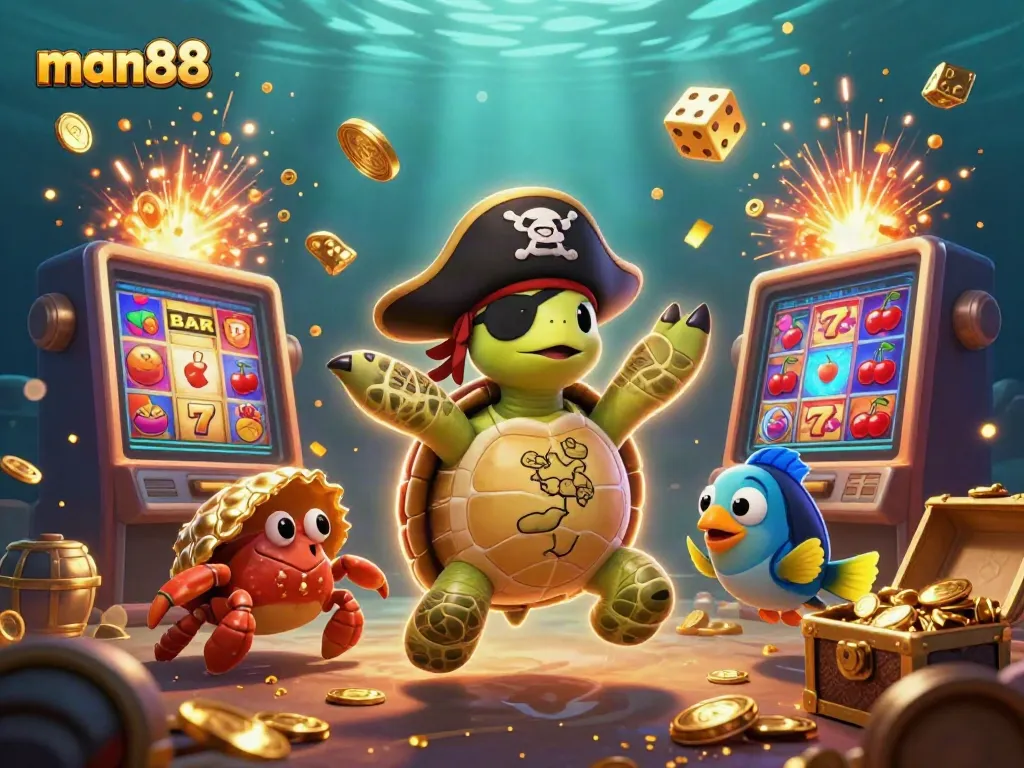 Spin the reels of fortune with man88, as vibrant casino characters celebrate huge wins in an underwater treasure scene.
