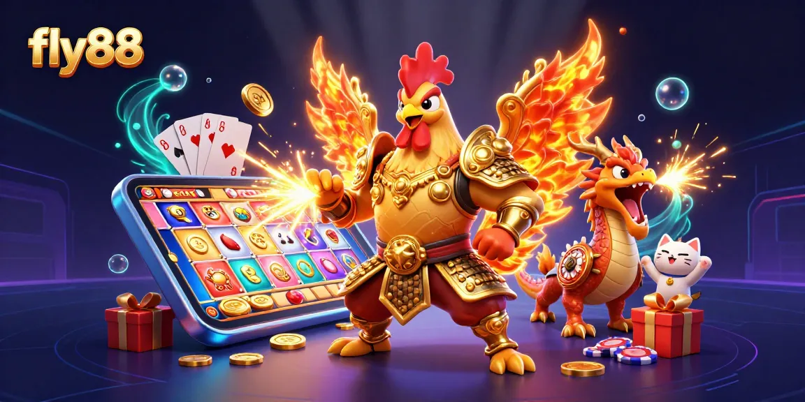 Win big with fly88 in this vibrant and dynamic 3D casino scene, featuring roaring characters and exciting game elements.