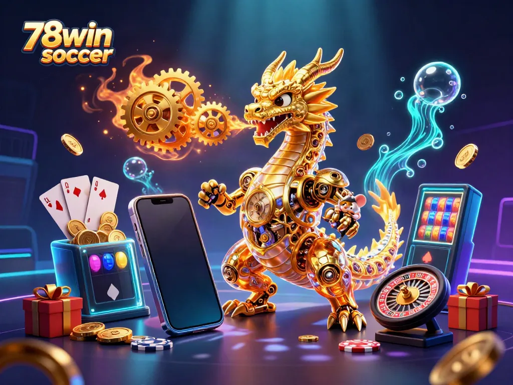 Experience 78win soccer with a thrilling 3D scene featuring a golden dragon and jackpot games.