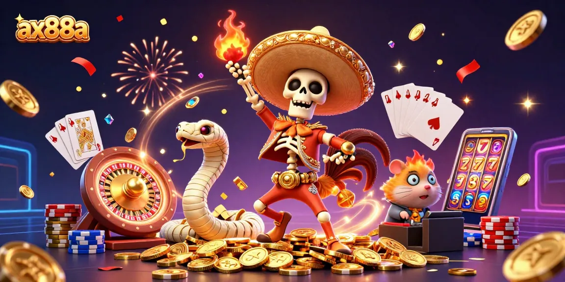 ax88a vividly showcases a lively scene of a skeleton mariachi rooster, mummy snake, and zombie hamster DJ celebrating winnings in a casino.
