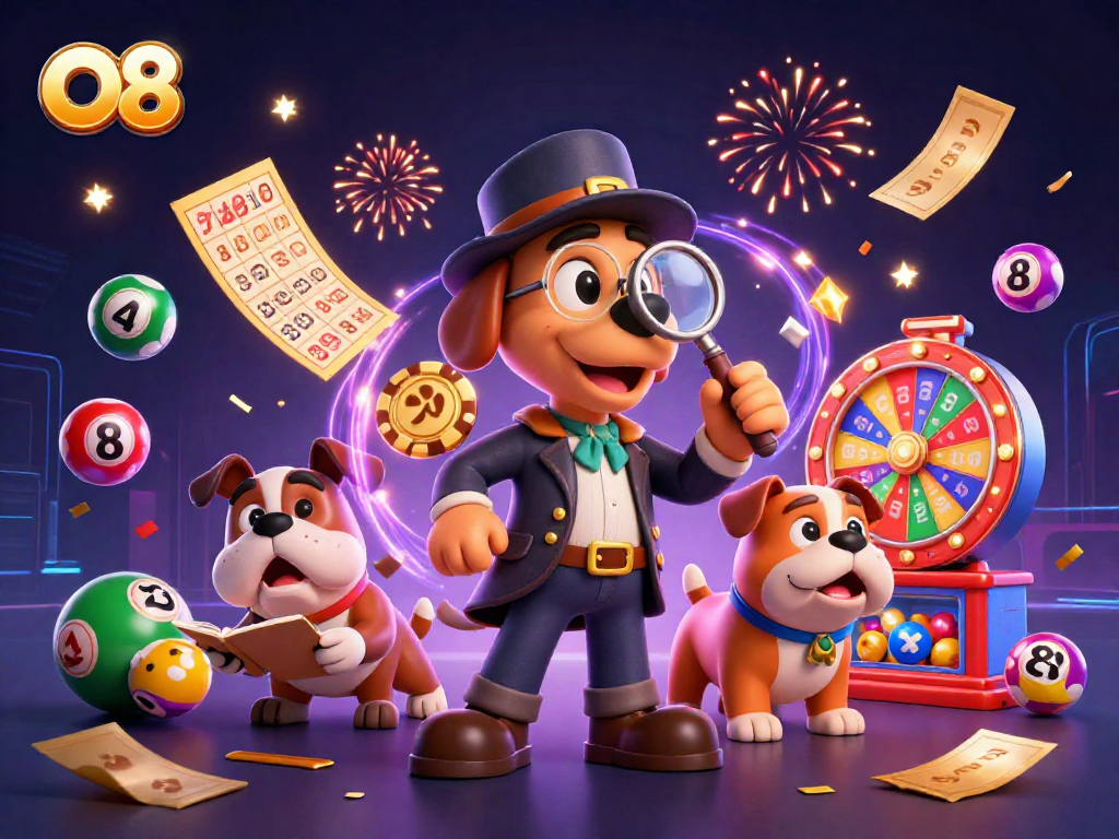 Join the O8 adventure as a detective uncovers hidden treasures with lively lottery elements.