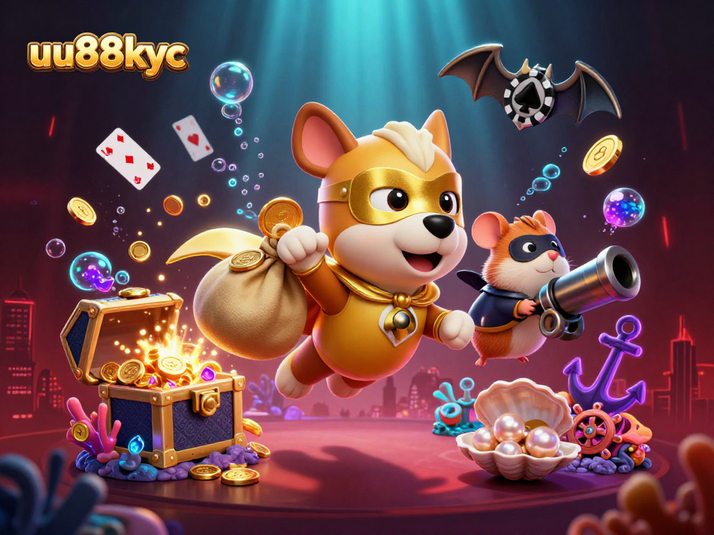 Experience the thrill with uu88kyc as you navigate a vibrant casino scene filled with gold coins and playful characters.